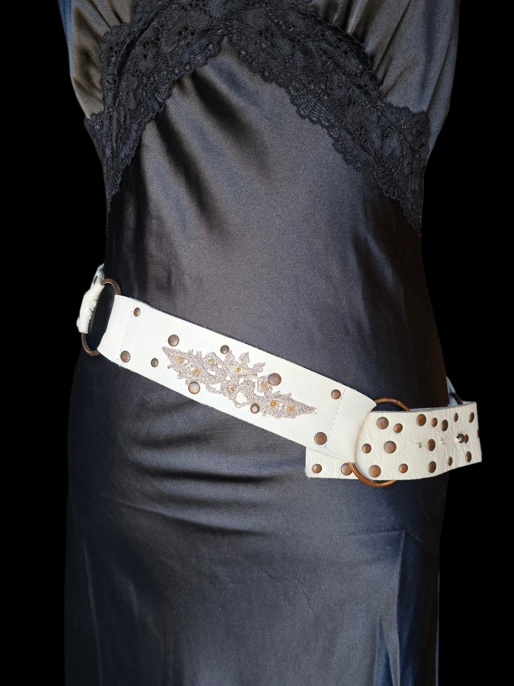 Betsey Johnson Genuine Leather Belt Large Studded Embroidered Floral Boho Y2K